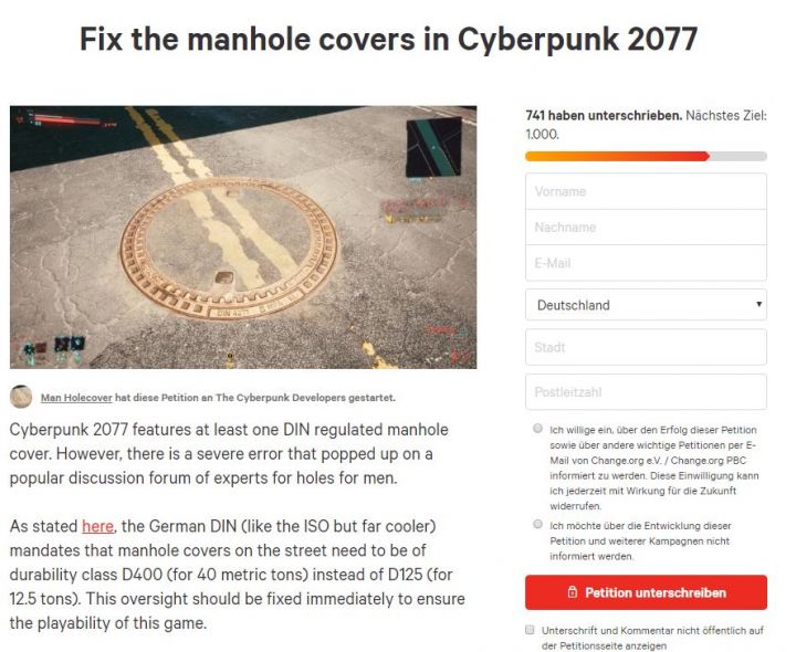 Petition auf Change.org: "Fix the manhole covers in Cyberpunk 2077", zu deutsch "Korrigiert die Schachtdeckel"